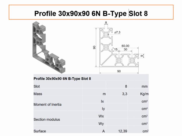 Aluminium profile  30x90x90L 6N slot 8