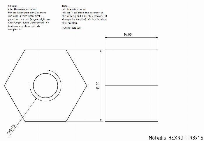 Tuerca trapezoidal TR8x1,5 derecha - hexagonal aluminio - beta