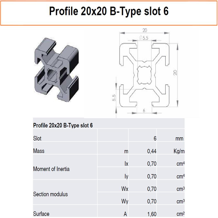 longitudes estándar Perfil de aluminio tuerca 6 de tipo B 20 mm x 20 mm 