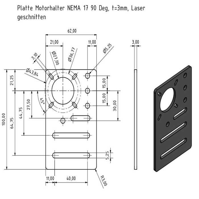 Placa soporte del motor NEMA 17 90 Deg, Laser cut, t=3mm