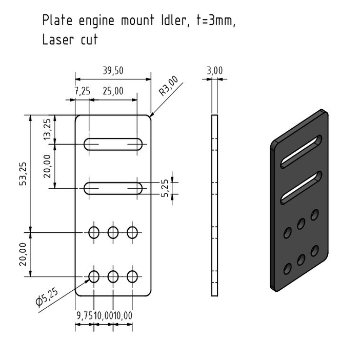 Placa soporte motor Idler, t=3mm, Corte por láser