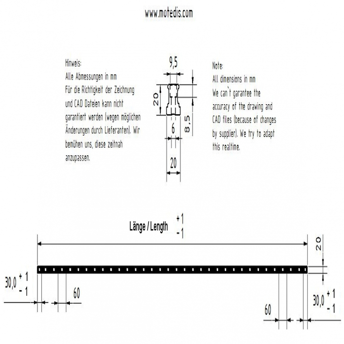 Guía lineal AR/HR20-N, L = 1320 mm