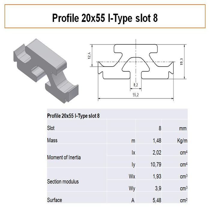 Perfil Alu 20x55 Tipo-I Ranura 8 - Perfil de conexión del panel