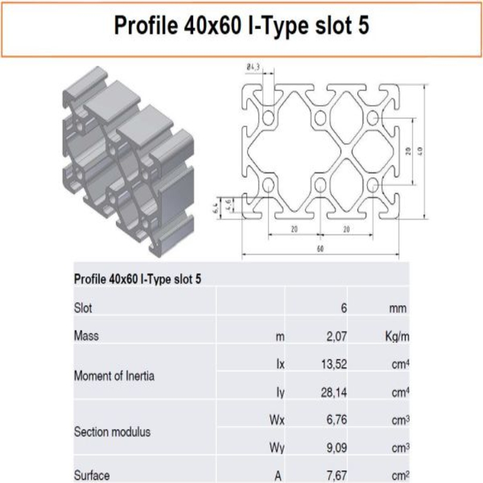 Perfil de Aluminio Ranurado 60x40 Tipo-I Ranura 5