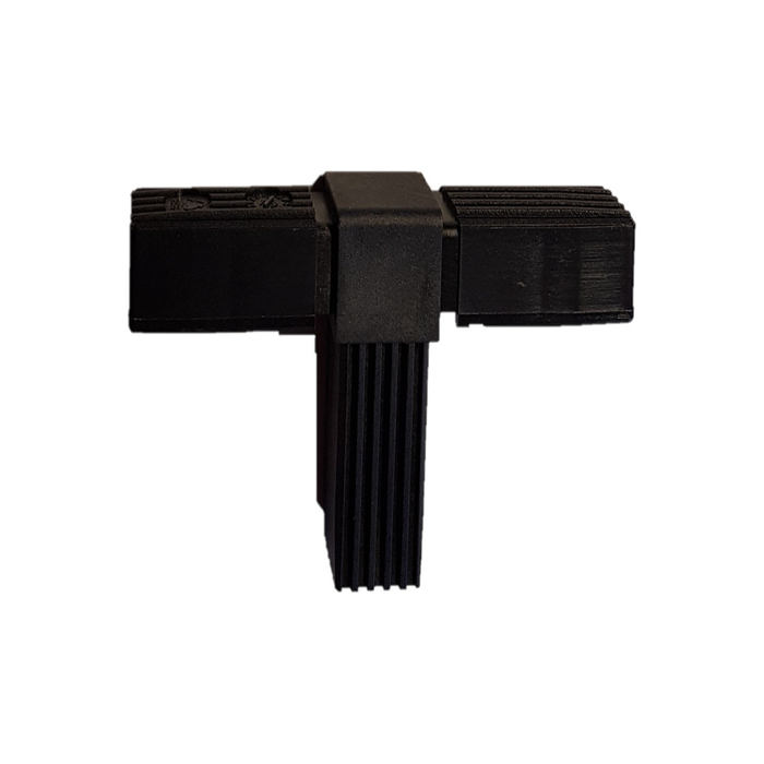 Conector enchufable 2D3 fabricado en PA para tubo cuadrado 25x25x1,5. Longitud de los brazos: 49 mm. Conector de una pieza